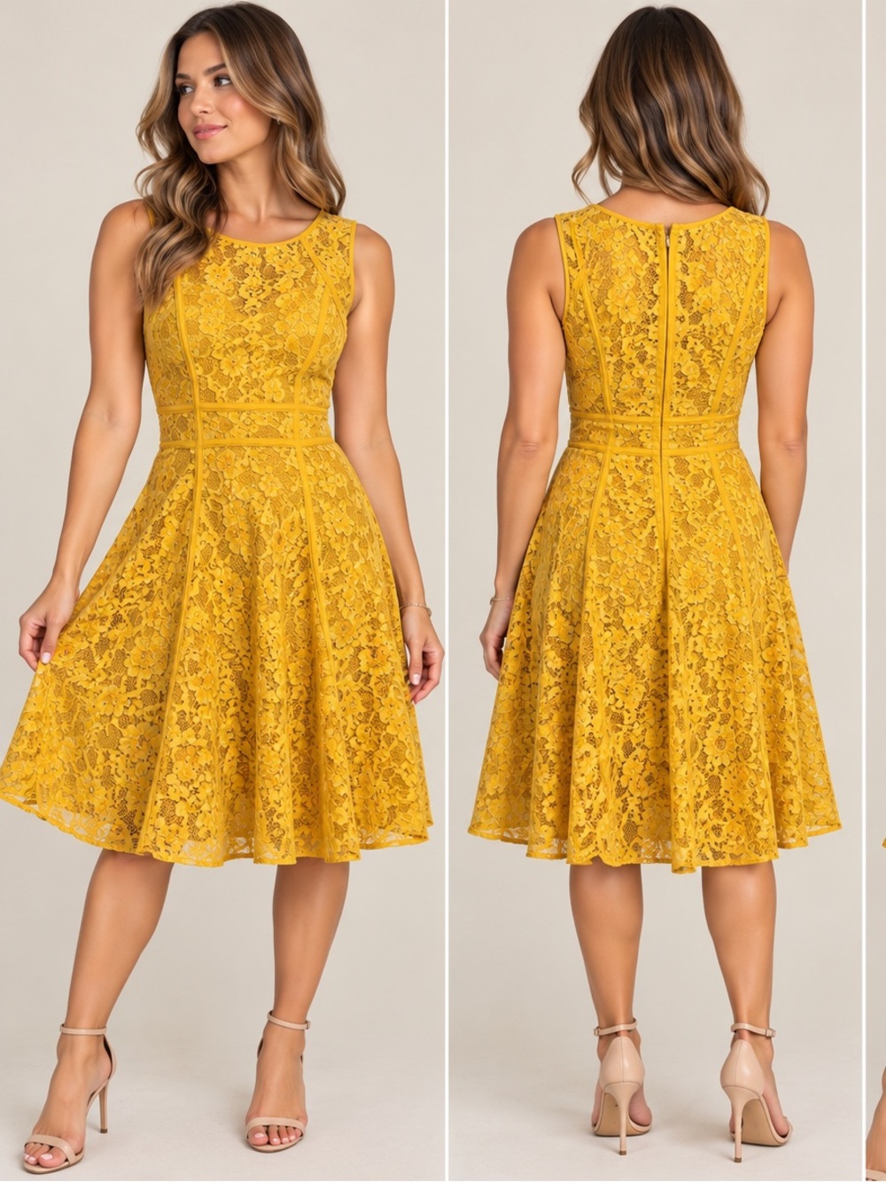 BCBGMaxAzria Mustard Lace Fit-and-Flare Midi Dress